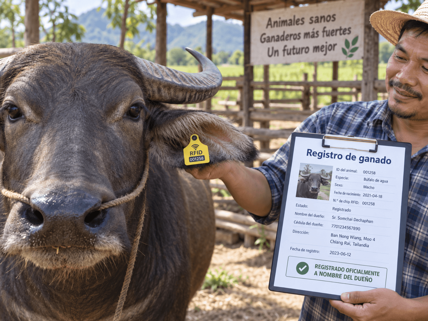 Búfalo con chip RFID y su registro a nombre del dueño